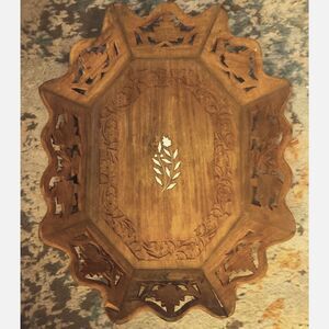 Hand Carved Leaf Pattern‎ Wooden Tray White Inlay Flower and Leaves 1960's